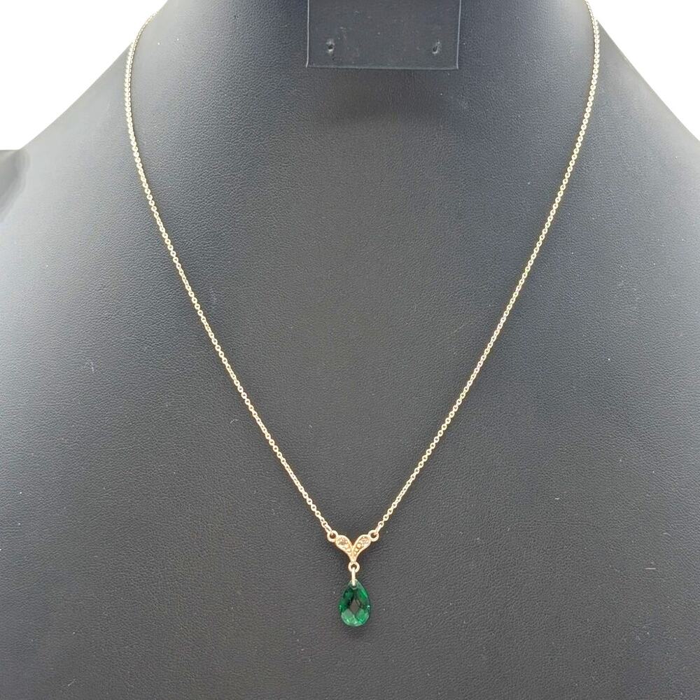 925 Sterling Silver Green Crystal Teardrop CZ 'Y Drop' Pendant 19" Necklace